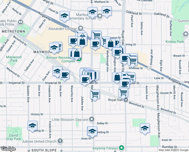 map of restaurants, bars, coffee shops, grocery stores, and more near 6676 Nelson Avenue in Burnaby