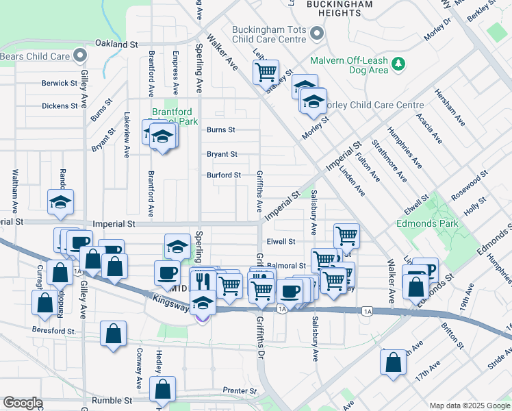 map of restaurants, bars, coffee shops, grocery stores, and more near 6733 Griffiths Avenue in Burnaby