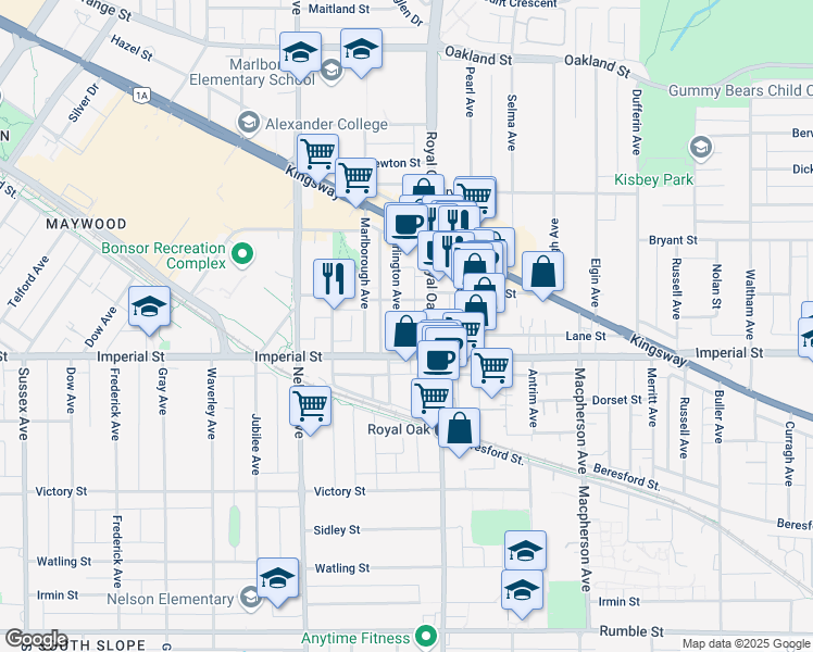 map of restaurants, bars, coffee shops, grocery stores, and more near 6739 Royal Oak Avenue in Burnaby