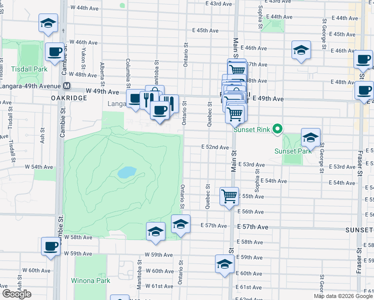 map of restaurants, bars, coffee shops, grocery stores, and more near 6816 Ontario Street in Vancouver