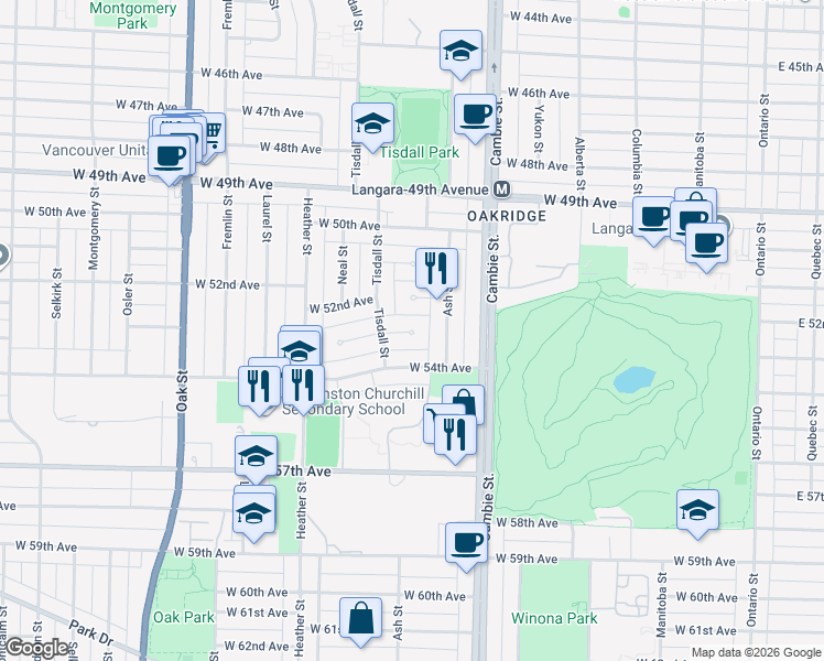 map of restaurants, bars, coffee shops, grocery stores, and more near 621 West 53rd Avenue in Vancouver