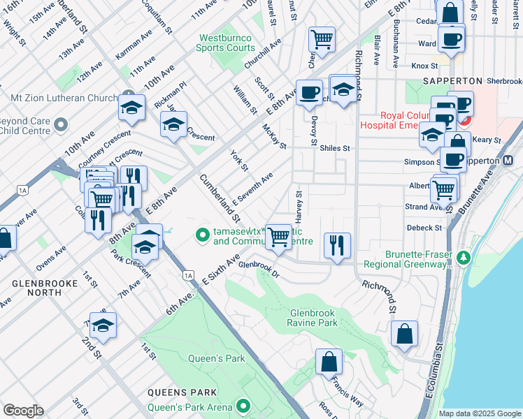 map of restaurants, bars, coffee shops, grocery stores, and more near 615 Allison Place in New Westminster