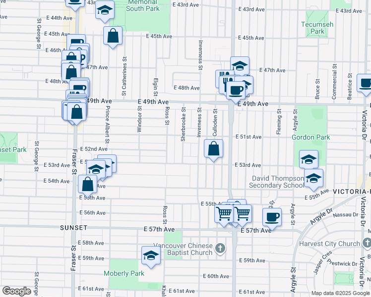 map of restaurants, bars, coffee shops, grocery stores, and more near 6768 Sherbrooke Street in Vancouver