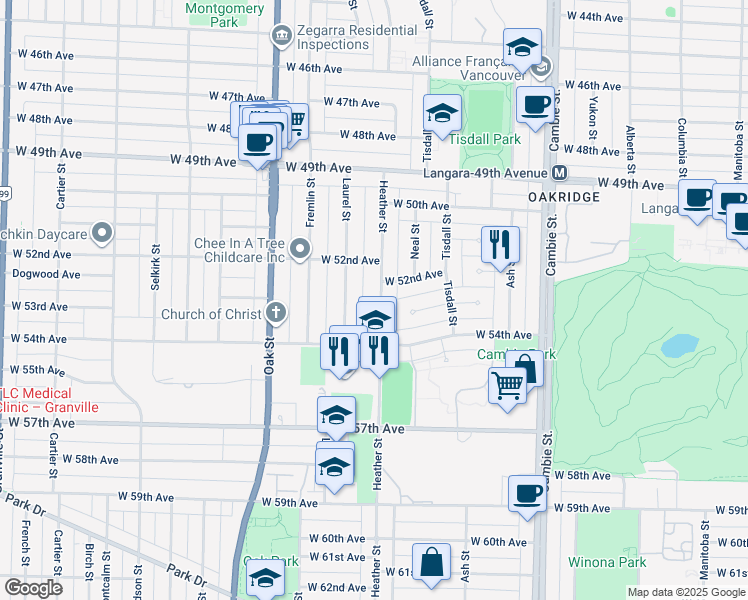 map of restaurants, bars, coffee shops, grocery stores, and more near 6891 Heather Street in Vancouver