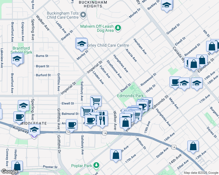 map of restaurants, bars, coffee shops, grocery stores, and more near 6806 Linden Avenue in Burnaby