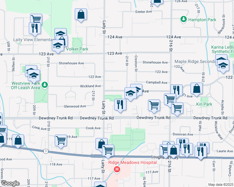 map of restaurants, bars, coffee shops, grocery stores, and more near 21328 121 Avenue in Maple Ridge