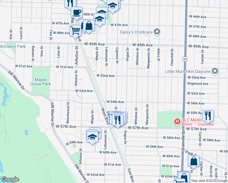 map of restaurants, bars, coffee shops, grocery stores, and more near 6925 Cypress Street in Vancouver