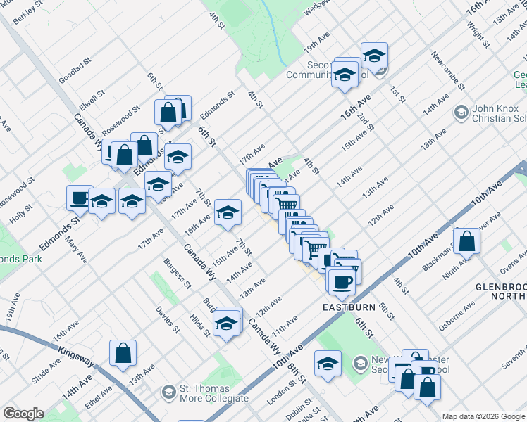 map of restaurants, bars, coffee shops, grocery stores, and more near 7571 6th Street in Burnaby
