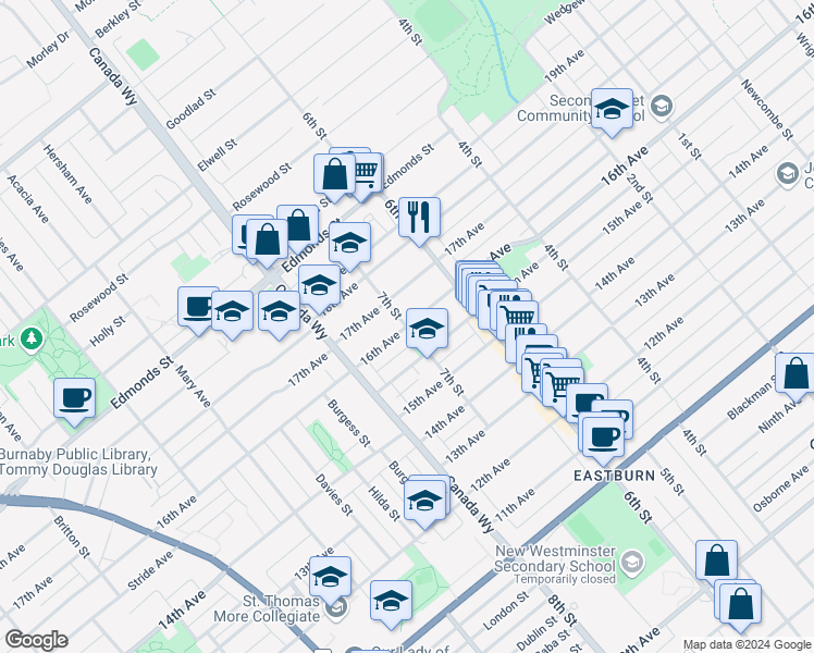 map of restaurants, bars, coffee shops, grocery stores, and more near 16th Avenue & 7th Street in Burnaby