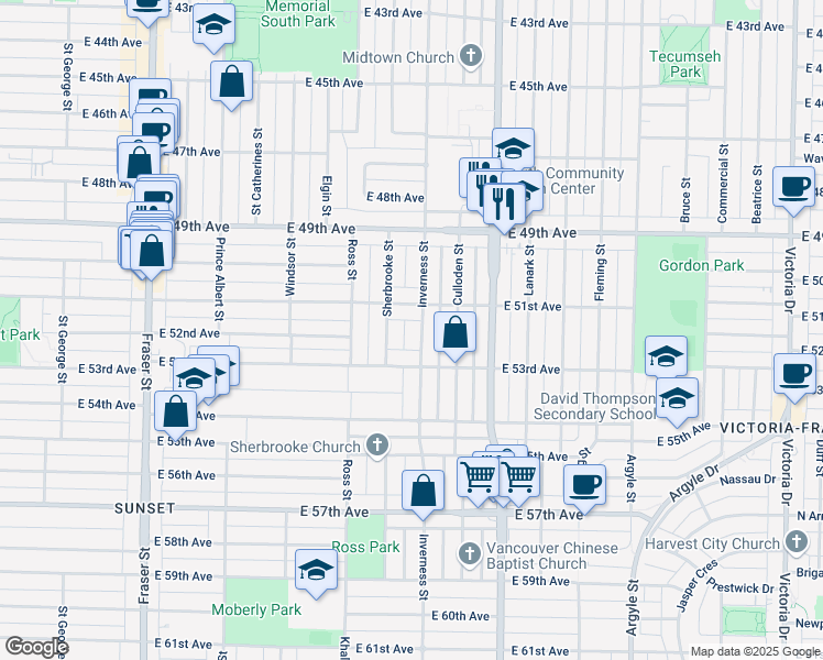 map of restaurants, bars, coffee shops, grocery stores, and more near 6789 Inverness Street in Vancouver