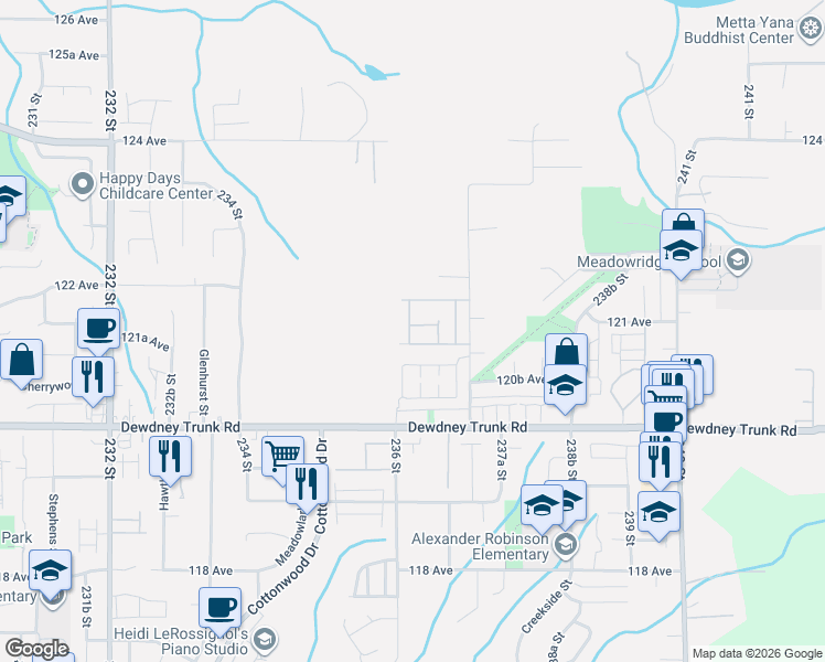 map of restaurants, bars, coffee shops, grocery stores, and more near 12161 237 Street in Maple Ridge