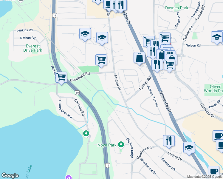 map of restaurants, bars, coffee shops, grocery stores, and more near 525 Doreen Place in Nanaimo