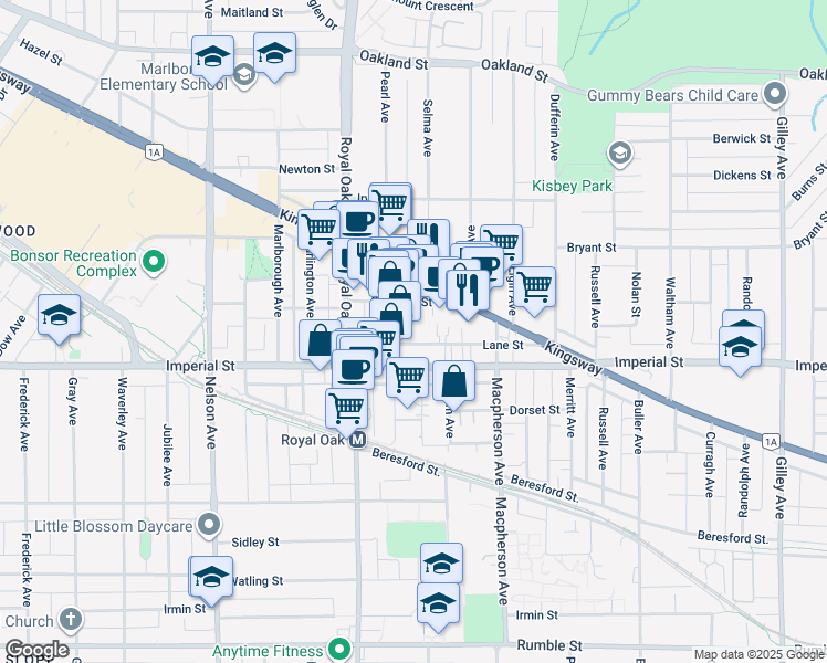 map of restaurants, bars, coffee shops, grocery stores, and more near 5355 Lane Street in Burnaby