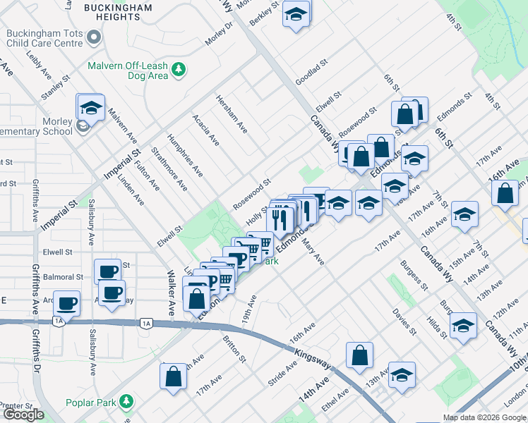 map of restaurants, bars, coffee shops, grocery stores, and more near 7497 Holly Street in Burnaby