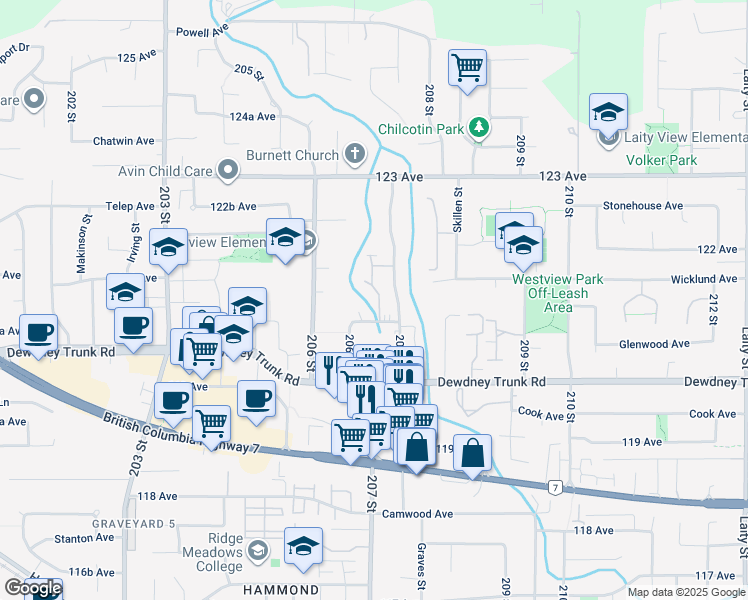 map of restaurants, bars, coffee shops, grocery stores, and more near 3-20699 120B Avenue in Maple Ridge