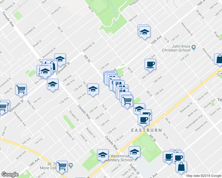 map of restaurants, bars, coffee shops, grocery stores, and more near 7571 6th Street in Burnaby