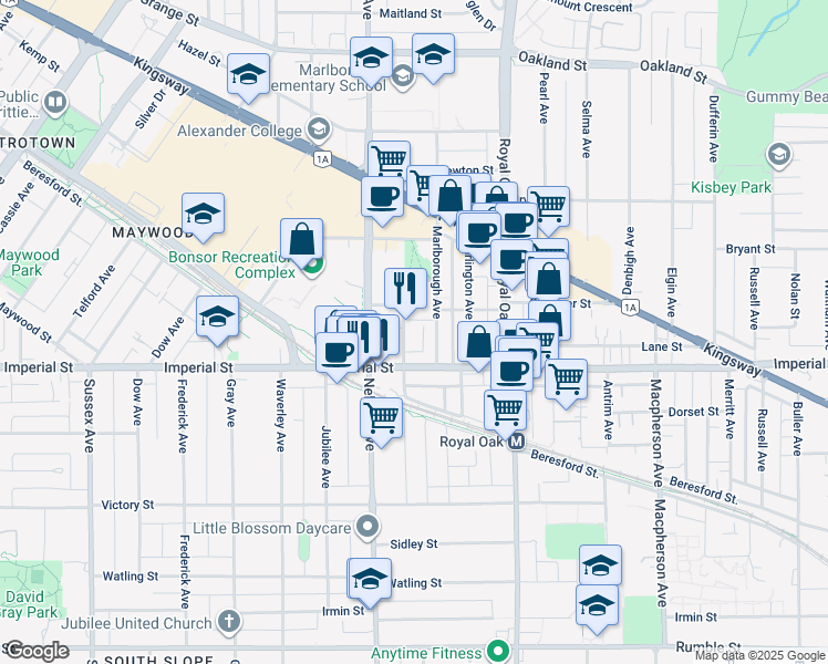 map of restaurants, bars, coffee shops, grocery stores, and more near 6700 Dunblane Avenue in Burnaby
