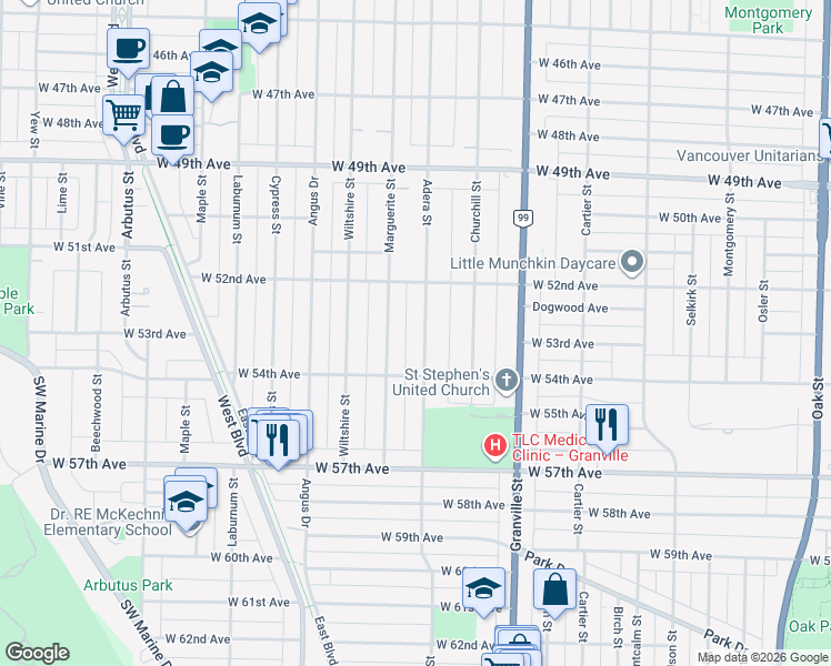 map of restaurants, bars, coffee shops, grocery stores, and more near 6925 Adera Street in Vancouver
