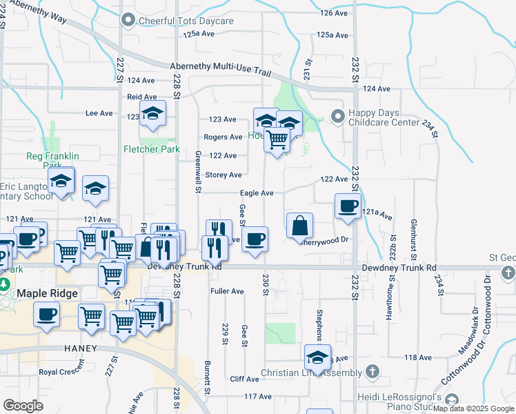 map of restaurants, bars, coffee shops, grocery stores, and more near 12163 230 Street in Maple Ridge