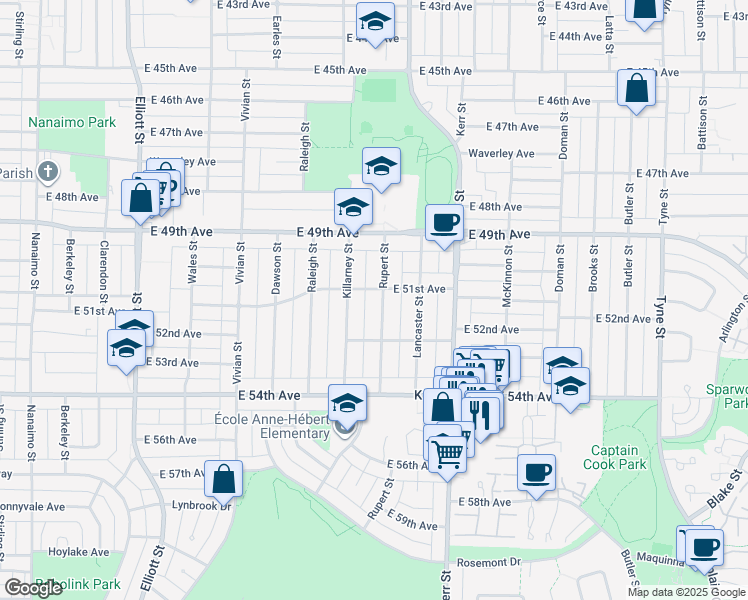 map of restaurants, bars, coffee shops, grocery stores, and more near 6741 Rupert Street in Vancouver