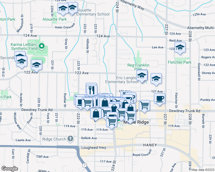 map of restaurants, bars, coffee shops, grocery stores, and more near 12130 Garden Street in Maple Ridge