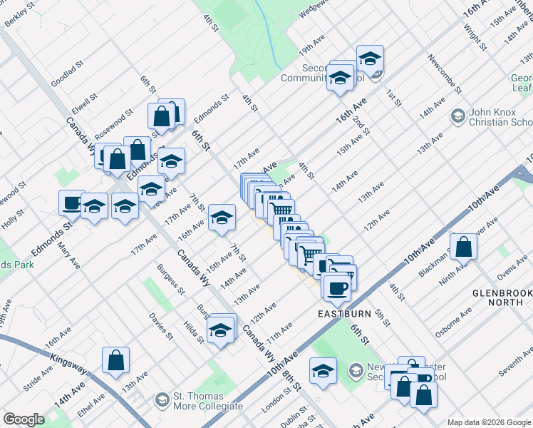 map of restaurants, bars, coffee shops, grocery stores, and more near 7580 6th Street in Burnaby