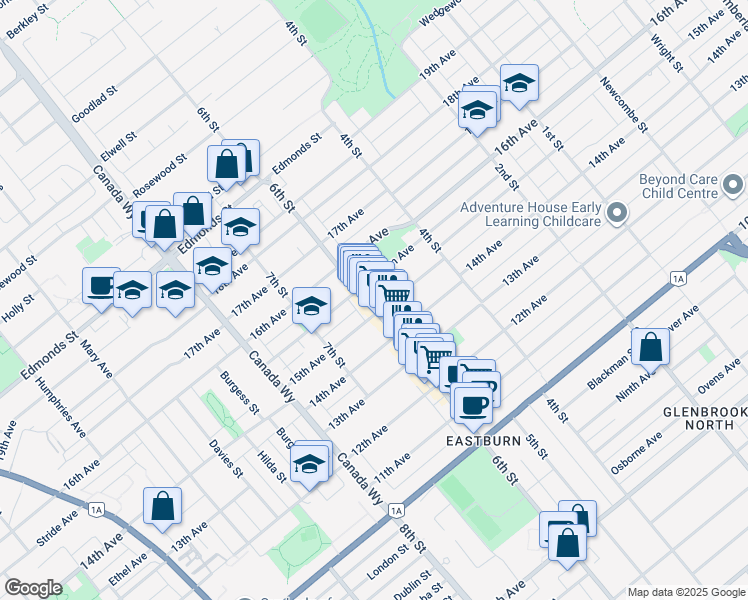 map of restaurants, bars, coffee shops, grocery stores, and more near 7580 6th Street in Burnaby