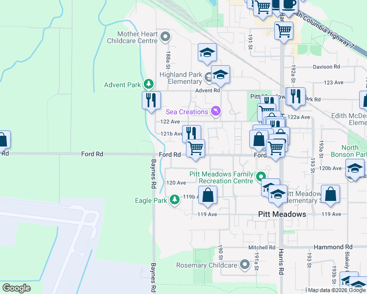 map of restaurants, bars, coffee shops, grocery stores, and more near 12125 189A Street in Pitt Meadows
