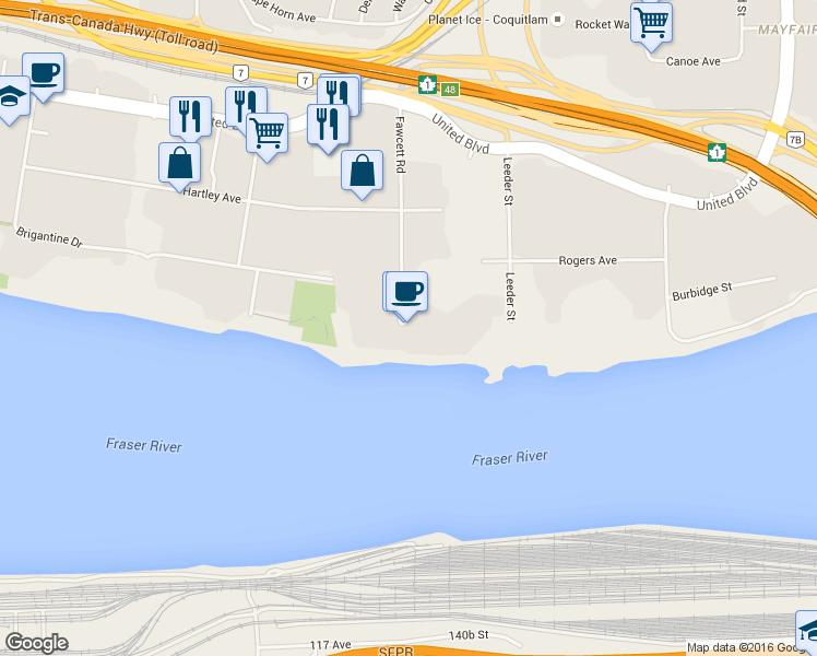 map of restaurants, bars, coffee shops, grocery stores, and more near 17 Fawcett Road in Coquitlam