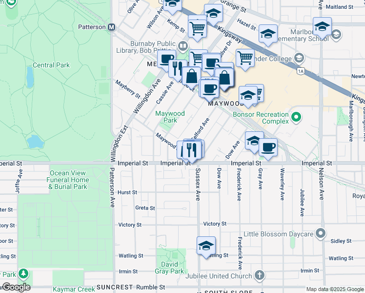map of restaurants, bars, coffee shops, grocery stores, and more near 4388 Imperial Street in Burnaby