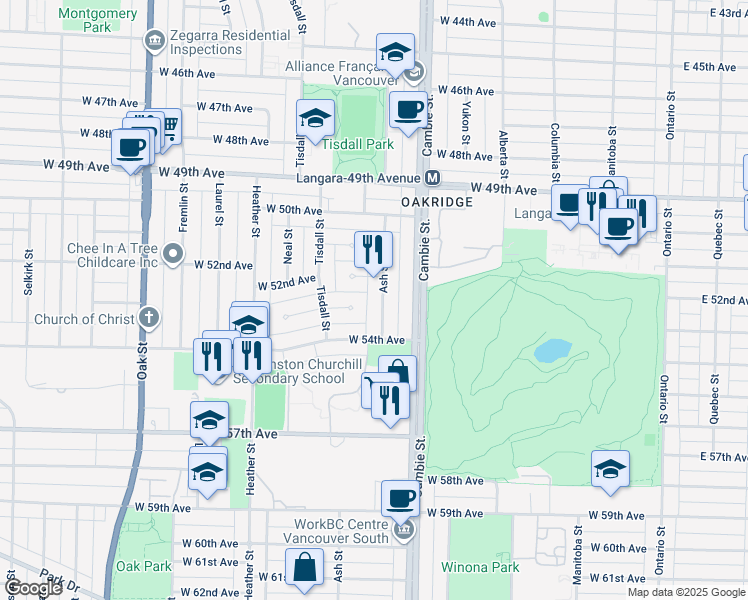 map of restaurants, bars, coffee shops, grocery stores, and more near 6869 Ash Street in Vancouver