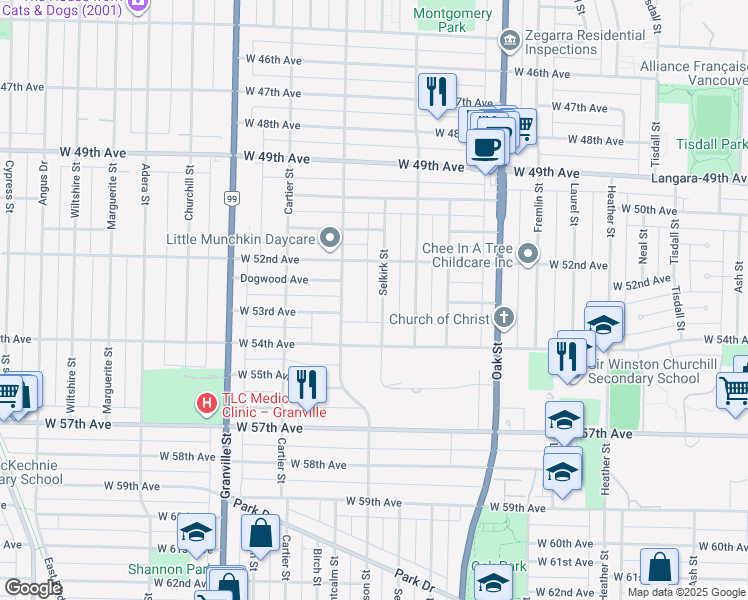 map of restaurants, bars, coffee shops, grocery stores, and more near 6983 Selkirk Street in Vancouver