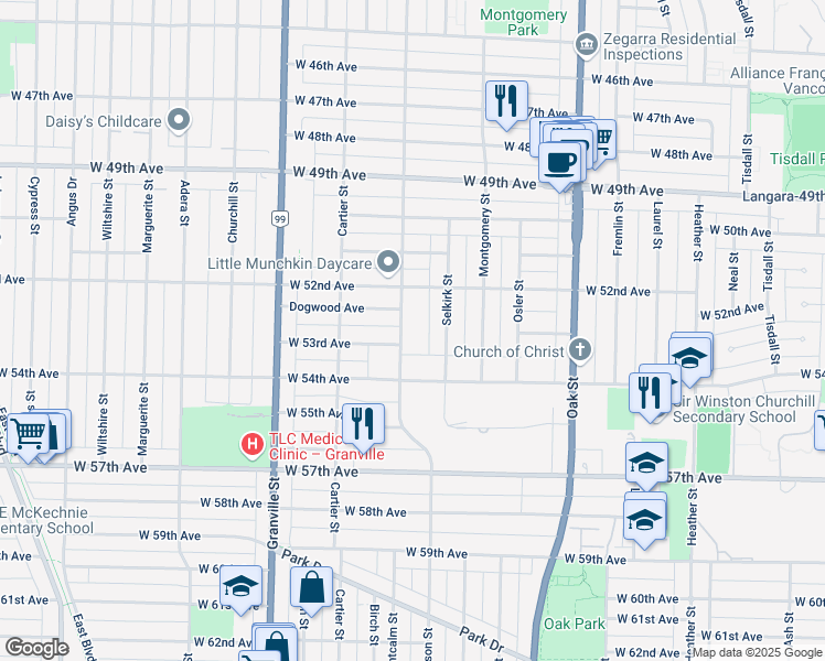 map of restaurants, bars, coffee shops, grocery stores, and more near 6988 Hudson Street in Vancouver