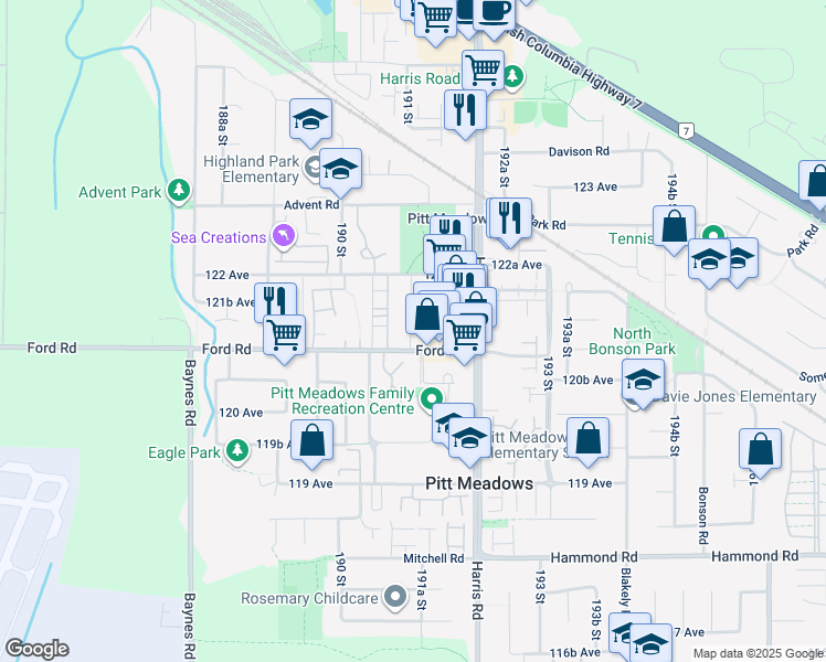 map of restaurants, bars, coffee shops, grocery stores, and more near 19121 Ford Road in Pitt Meadows