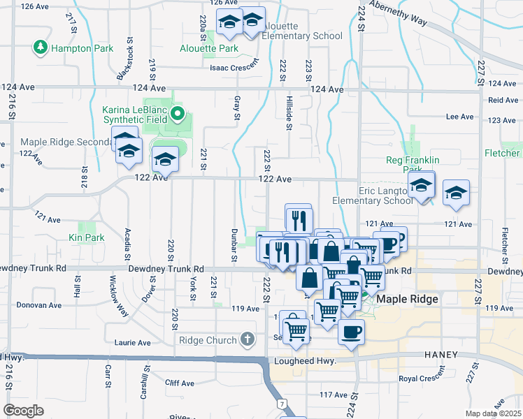 map of restaurants, bars, coffee shops, grocery stores, and more near 12129 222 Street in Maple Ridge
