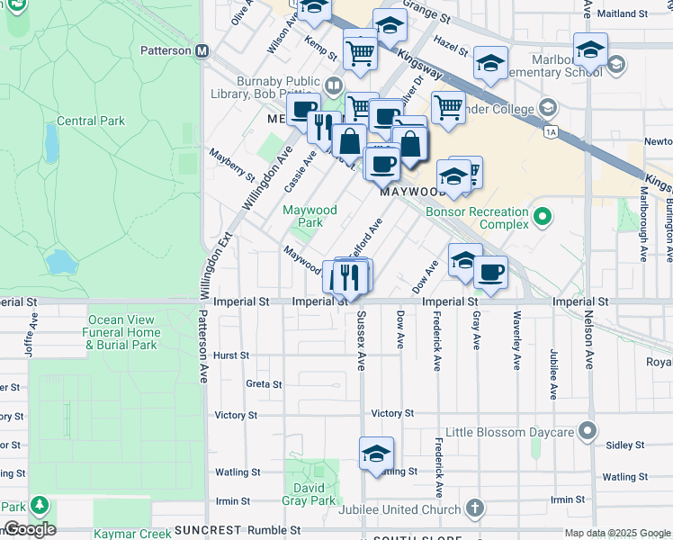 map of restaurants, bars, coffee shops, grocery stores, and more near 4388 Imperial Street in Burnaby