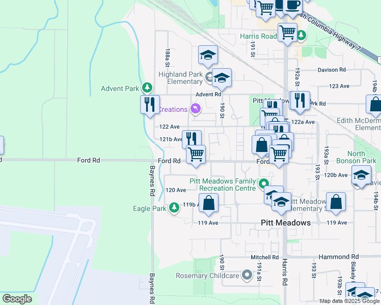 map of restaurants, bars, coffee shops, grocery stores, and more near 20 189A Street in Pitt Meadows