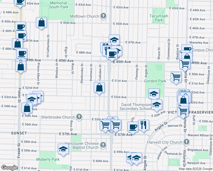 map of restaurants, bars, coffee shops, grocery stores, and more near 6751 Knight Street in Vancouver