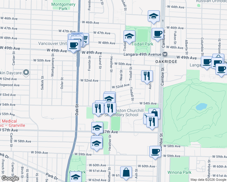 map of restaurants, bars, coffee shops, grocery stores, and more near 6872 Heather Street in Vancouver