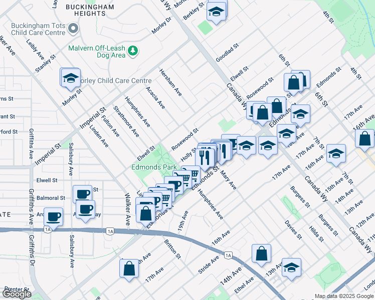 map of restaurants, bars, coffee shops, grocery stores, and more near 7479 Holly Street in Burnaby