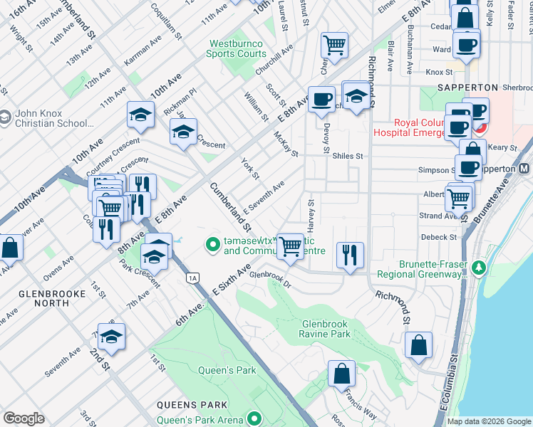 map of restaurants, bars, coffee shops, grocery stores, and more near 615 Allison Place in New Westminster