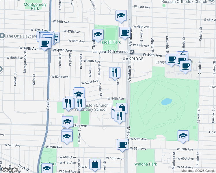map of restaurants, bars, coffee shops, grocery stores, and more near 625 West 53rd Avenue in Vancouver