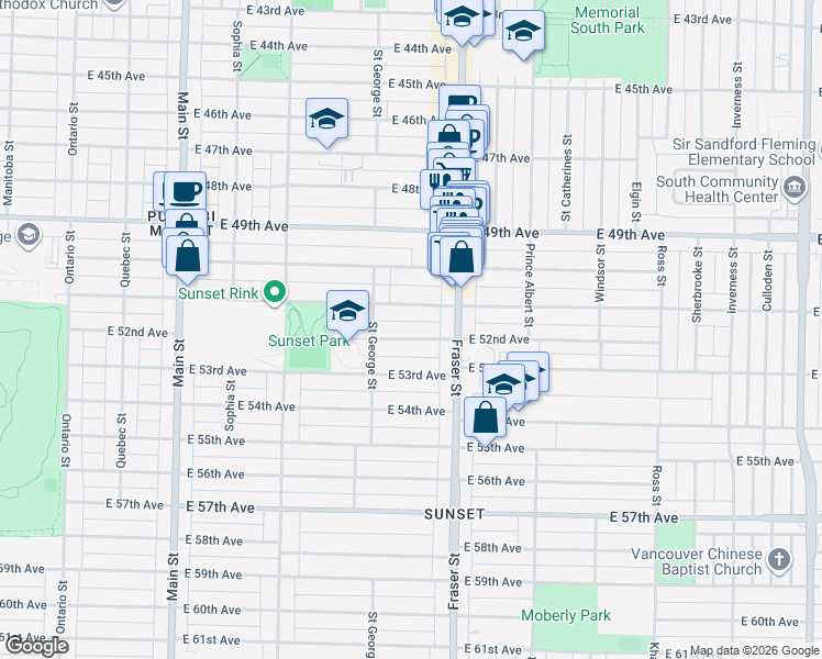 map of restaurants, bars, coffee shops, grocery stores, and more near 585 East 52nd Avenue in Vancouver