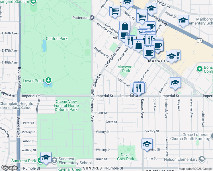 map of restaurants, bars, coffee shops, grocery stores, and more near 6688 Willingdon Avenue in Burnaby
