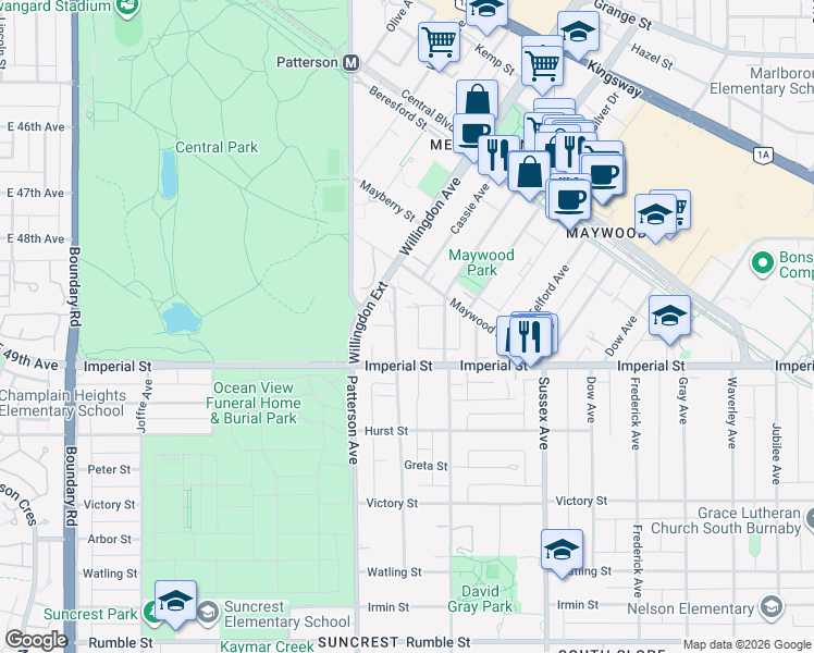 map of restaurants, bars, coffee shops, grocery stores, and more near 6688 Willingdon Avenue in Burnaby
