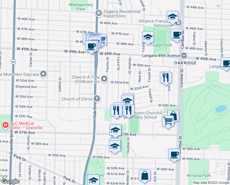 map of restaurants, bars, coffee shops, grocery stores, and more near 6889 Laurel Street in Vancouver
