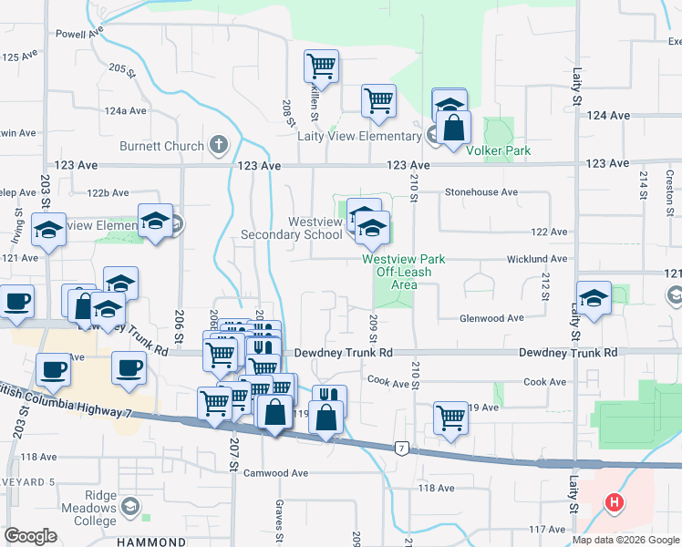 map of restaurants, bars, coffee shops, grocery stores, and more near 20884 Wicklund Avenue in Maple Ridge