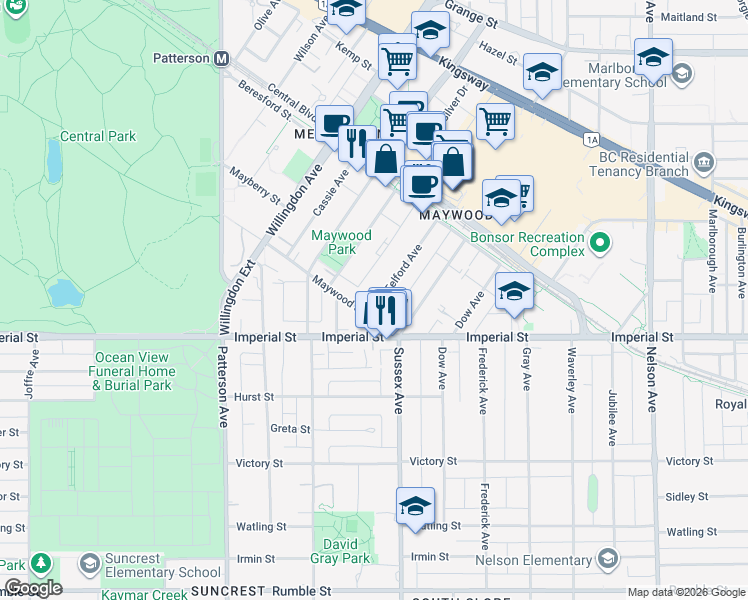map of restaurants, bars, coffee shops, grocery stores, and more near 6669 Telford Avenue in Burnaby