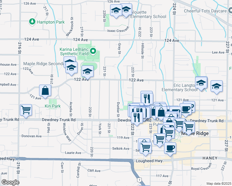 map of restaurants, bars, coffee shops, grocery stores, and more near 12121 Dunbar Street in Maple Ridge