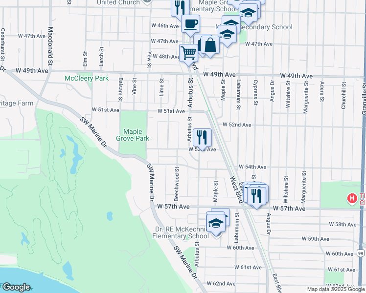 map of restaurants, bars, coffee shops, grocery stores, and more near 6889 Arbutus Street in Vancouver
